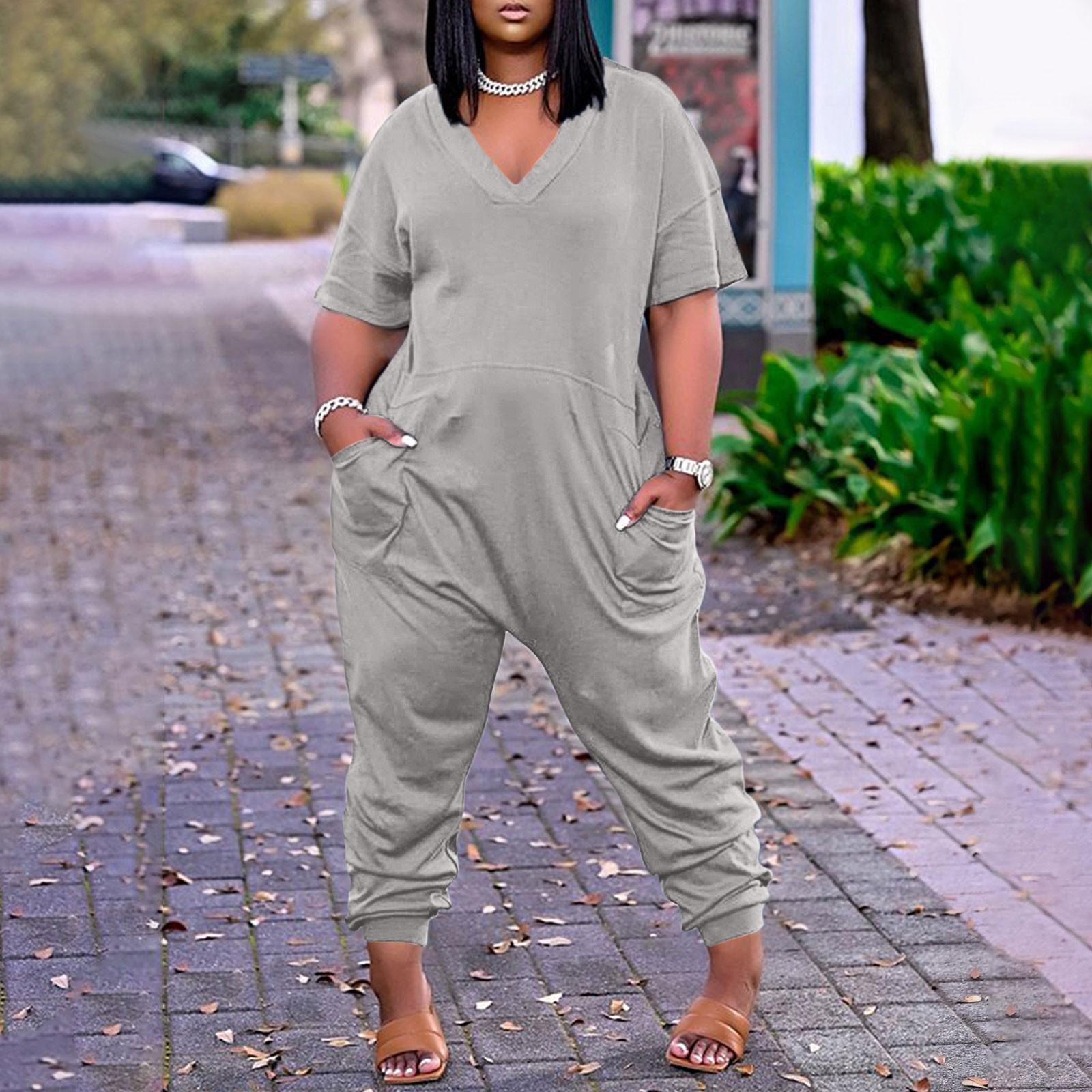 

Plus Size Womens Casual V Neck Short Sleeve Zipper Overalls With Pockets Wide Long Jumpsuits ,S-5XL, M