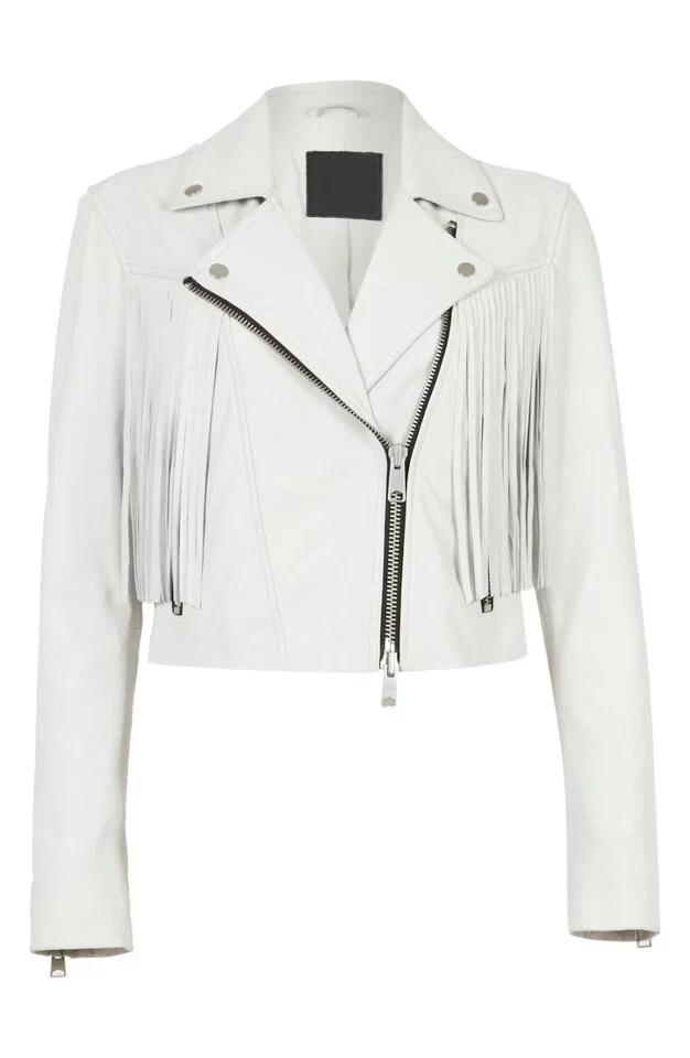 

White Handmade Casual Soft Fit Leather Lambskin Stylish Women s Jacket Fringe 3XL