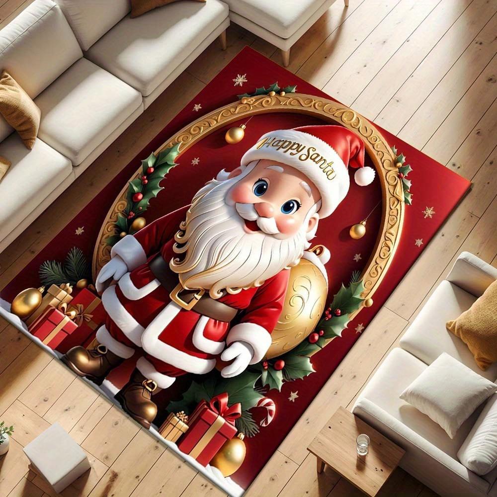 1pc Christmas Themed Rug, Cute Santa Claus Print, Bedside Carpet, Non slip Laundry Room Mat, Machine Washable Water Absorbing Entrance Door