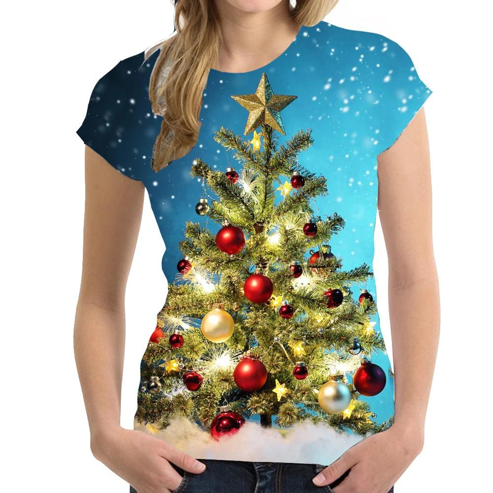 

Летний топ с круглым вырезом и 3D-принтом в виде рождественской елки, модная повседневная женская футболка с коротким рукавом 6XL