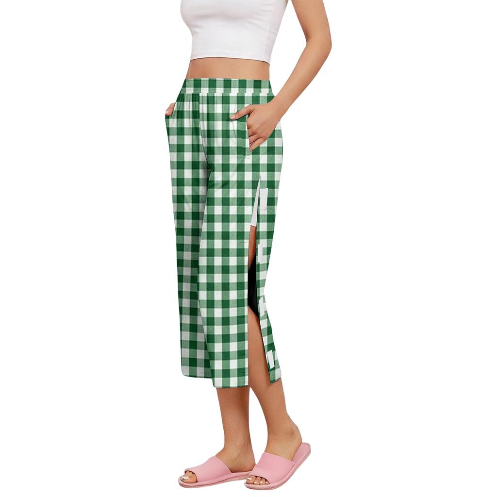 Pantaloni Capri da Donna per il Recupero Post-Chirurgico con Apertura Laterale, Vita Elastica, Leggeri, Comodi, Vestibilità Larga, Fantasia a Quadri