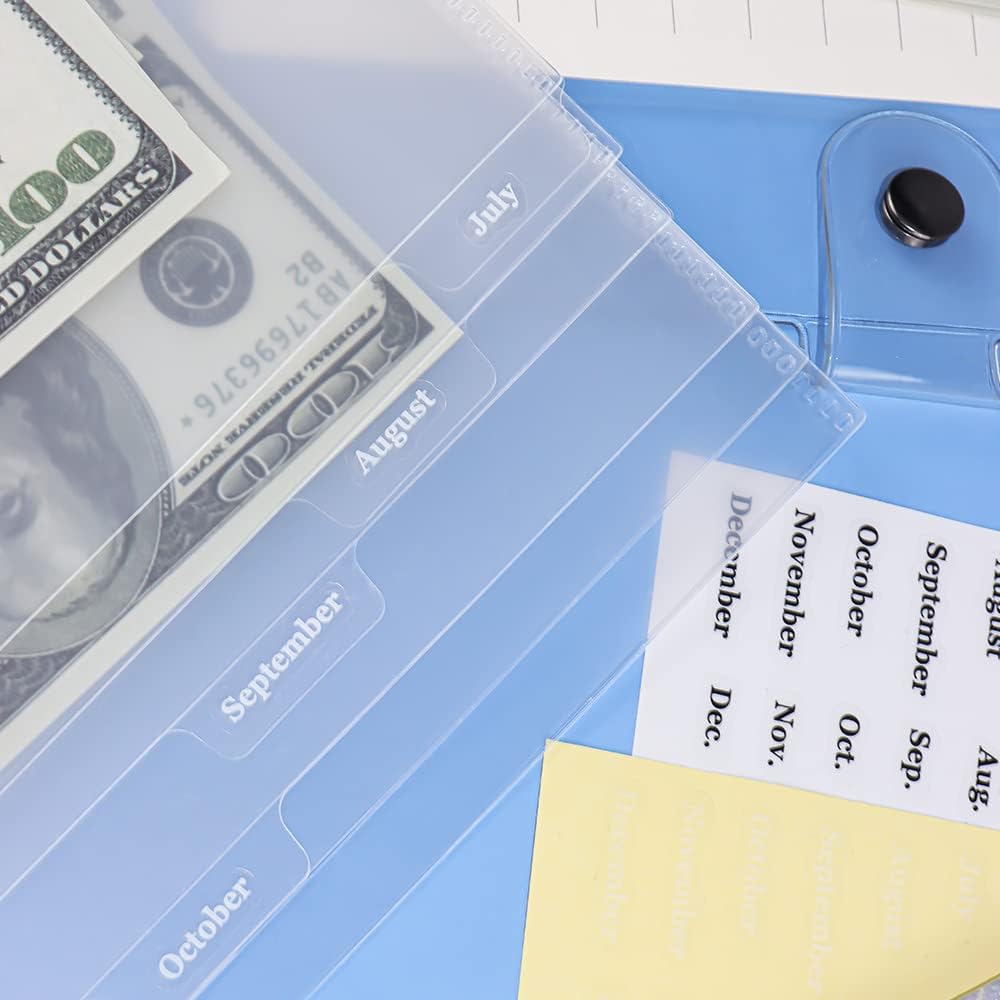 12PCS A5 Binder Pockets Clear Binder Dividers with Pockets and Tabs Cash Envelopes for 6-Ring Budget Binder Loose-Leaf Pockets Dividers with 2PCS