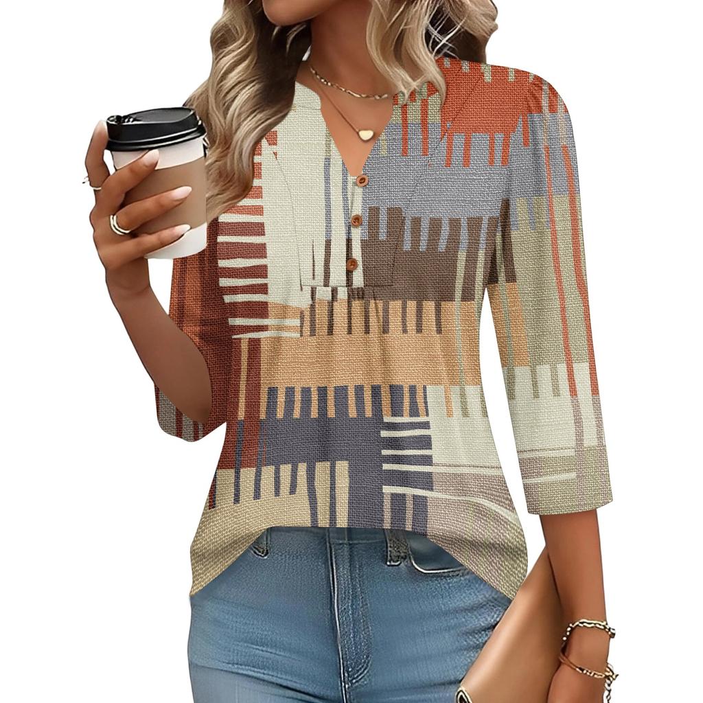 Women’s Fashion Loose Fit Three Quarter Sleeve Top with Button and Geometric Print for Casual or Daily Wear