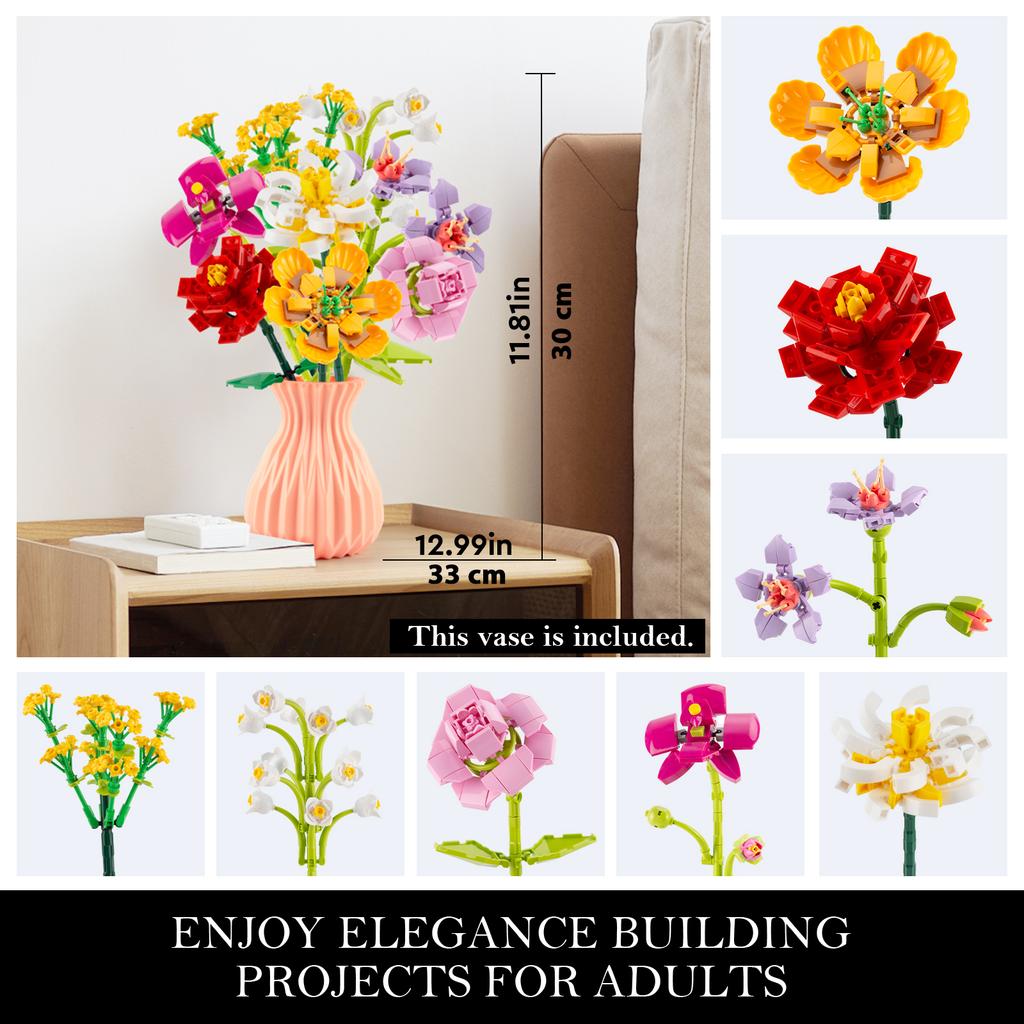 Netoxické 756 ks Kytice umělých květin Stavebnice s vázou DIY Plastové květiny Cihličky Dětské hračky Dětský dárek Domácí dekorace