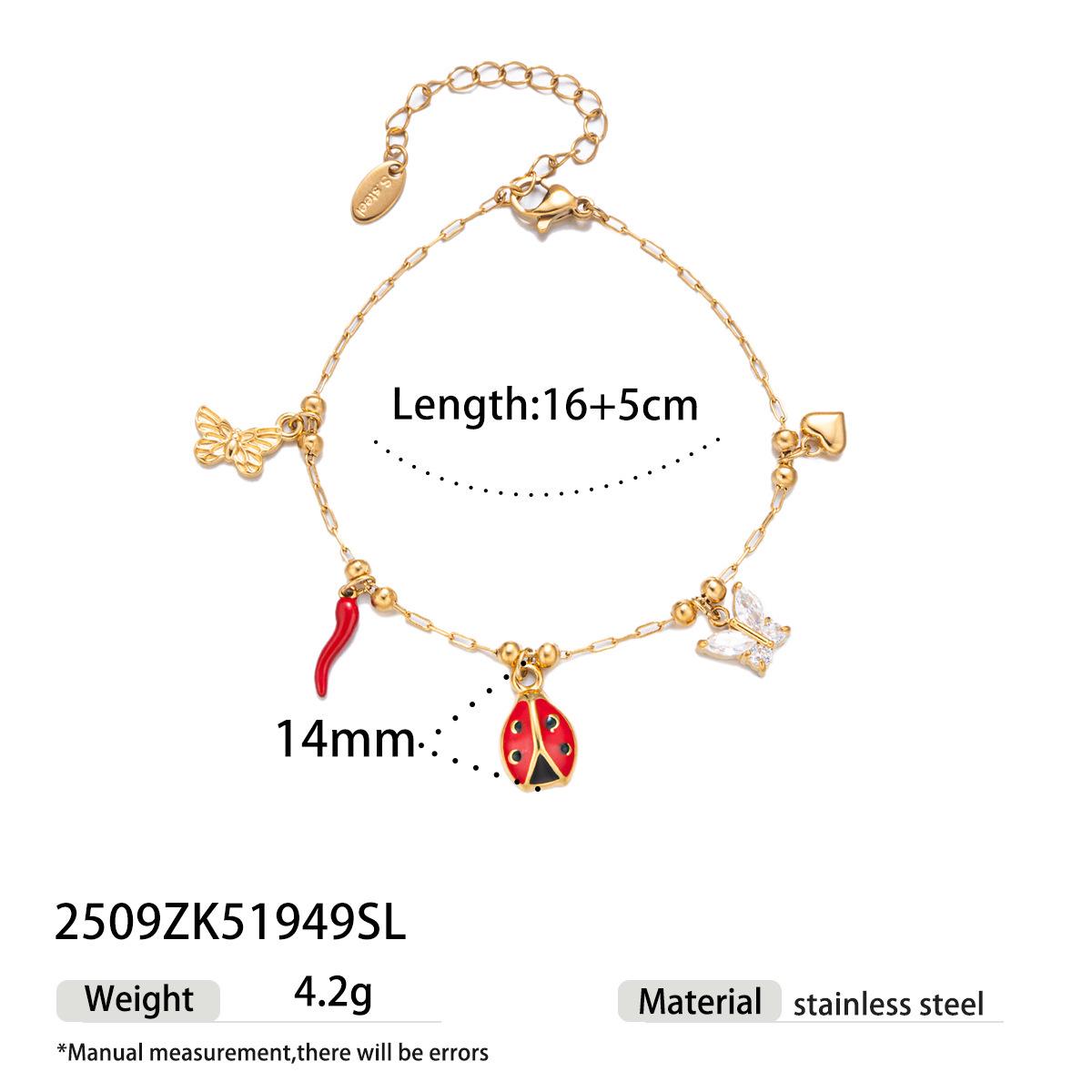 Elegant Stainless Steel Necklace & Bracelet Set with Insect, Chili, and Butterfly Pendants