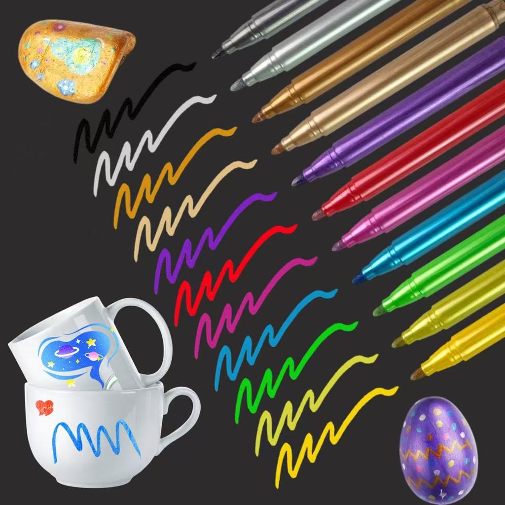 12 Stück Metallische Marker Stifte Set, Radierbare Feinspitzen Marker für Flaschen, Keramik, Glaswaren