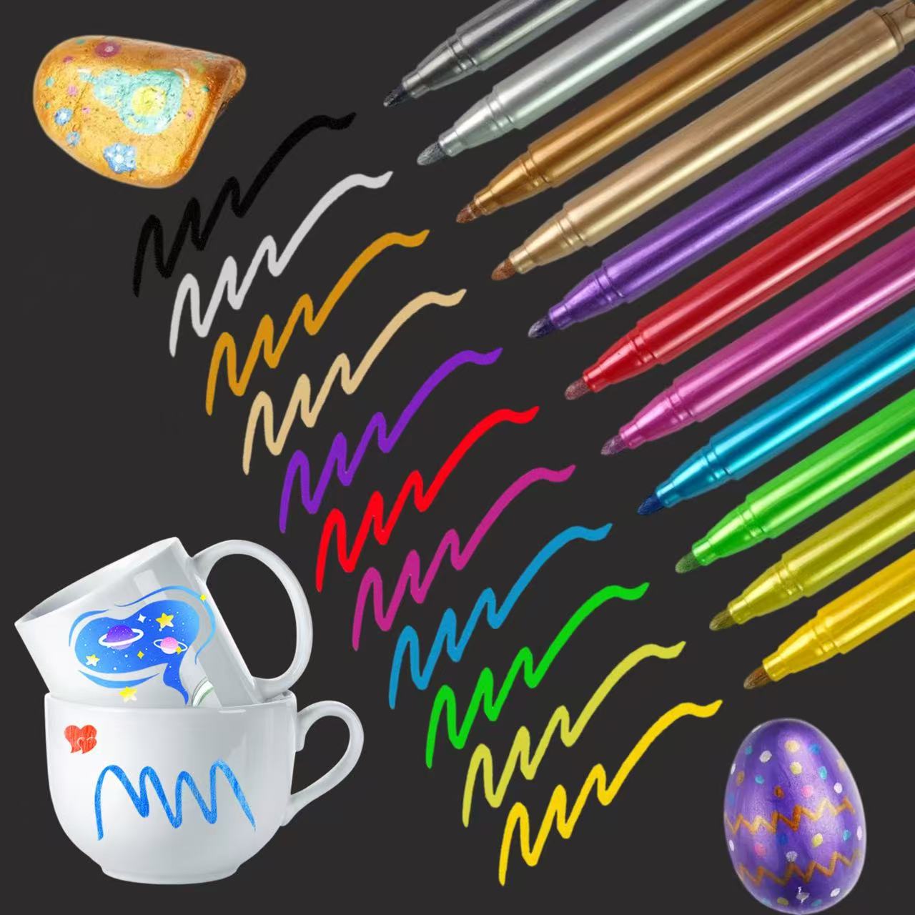 

12pcs Metallic Marker Pens Set, Erasable Fine Tip Markers for Bottles, Ceramics, Glassware