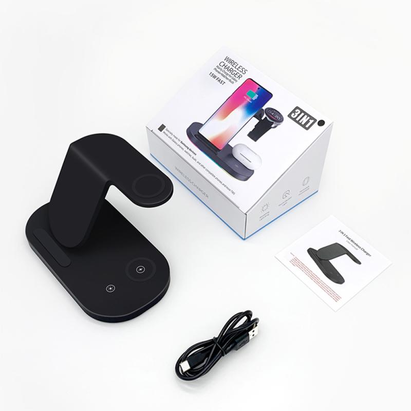 Suport de încărcare fără fir 3 în 1 cu lumină LED inteligentă Stație de andocare de încărcare rapidă de 15 W pentru iPhone Samsung S22 S21 Galaxy Watch 5 4 Buds Pro