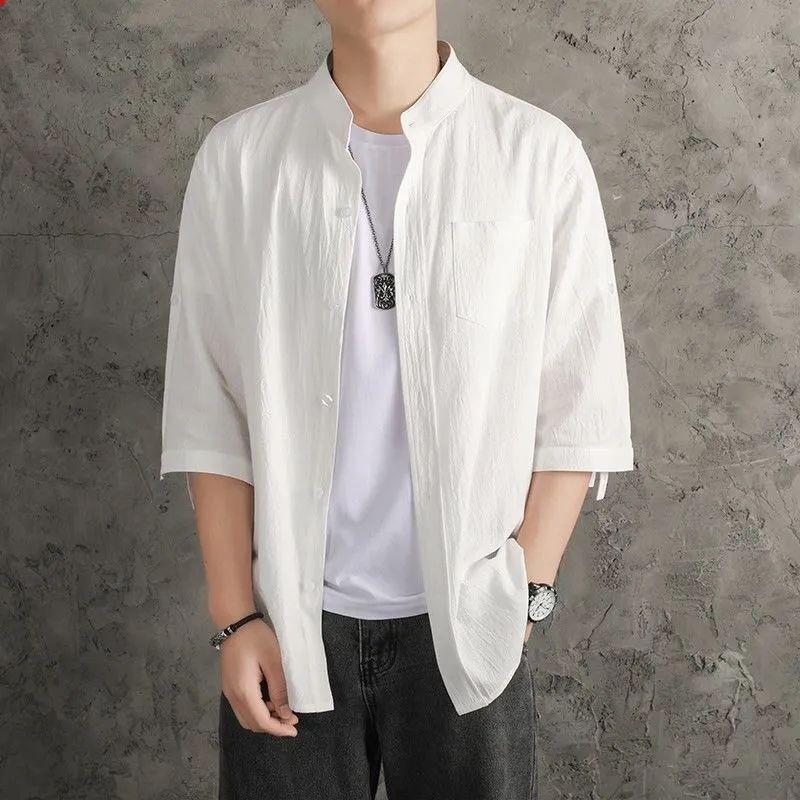 

Мужская летняя льняная рубашка с воротником-стойкой и коротким рукавом — повседневная, свободного кроя, однотонная 4XL белый