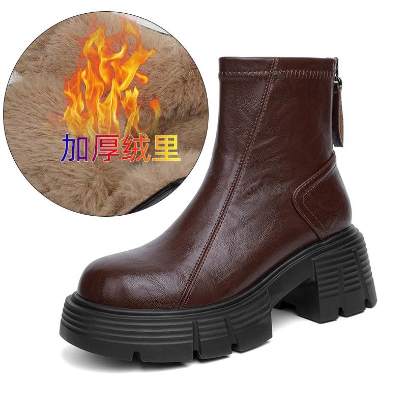 Fashion 7CM Fashion Women's Ankle Boots High Heel Round Head Thick Heel Back Zipper Fashion Boots British Style Platform Shoes Women