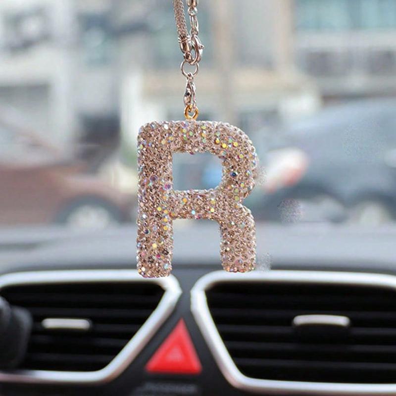 1pc Rhinestone A-Z Letter Car Rearview Mirror Pendant, Car Interior Decor