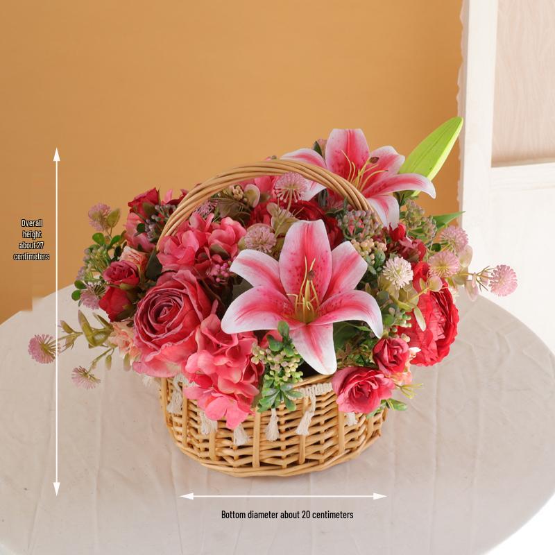 Floral Pastoral Wood Art: Straw, Willow, Rattan Weaving with Artificial Flowers and Basket Ornaments for Home and Living Room Décor