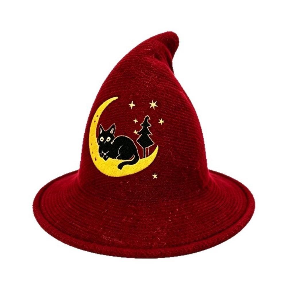 Delicate Embroidery Knitted Witch Hat Soft Foldable Wide Brim Spire  Stage Play темно-красного