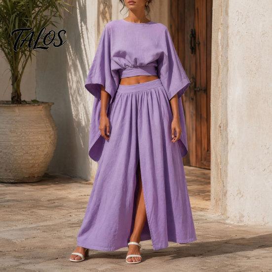 Women Relaxed Fit Suit Summer 2 Piece Outfits, Batwing Half Sleeve Crop Top Breathable Clothing And High Slit Maxi Skirt Travel Vacation Matching Sets