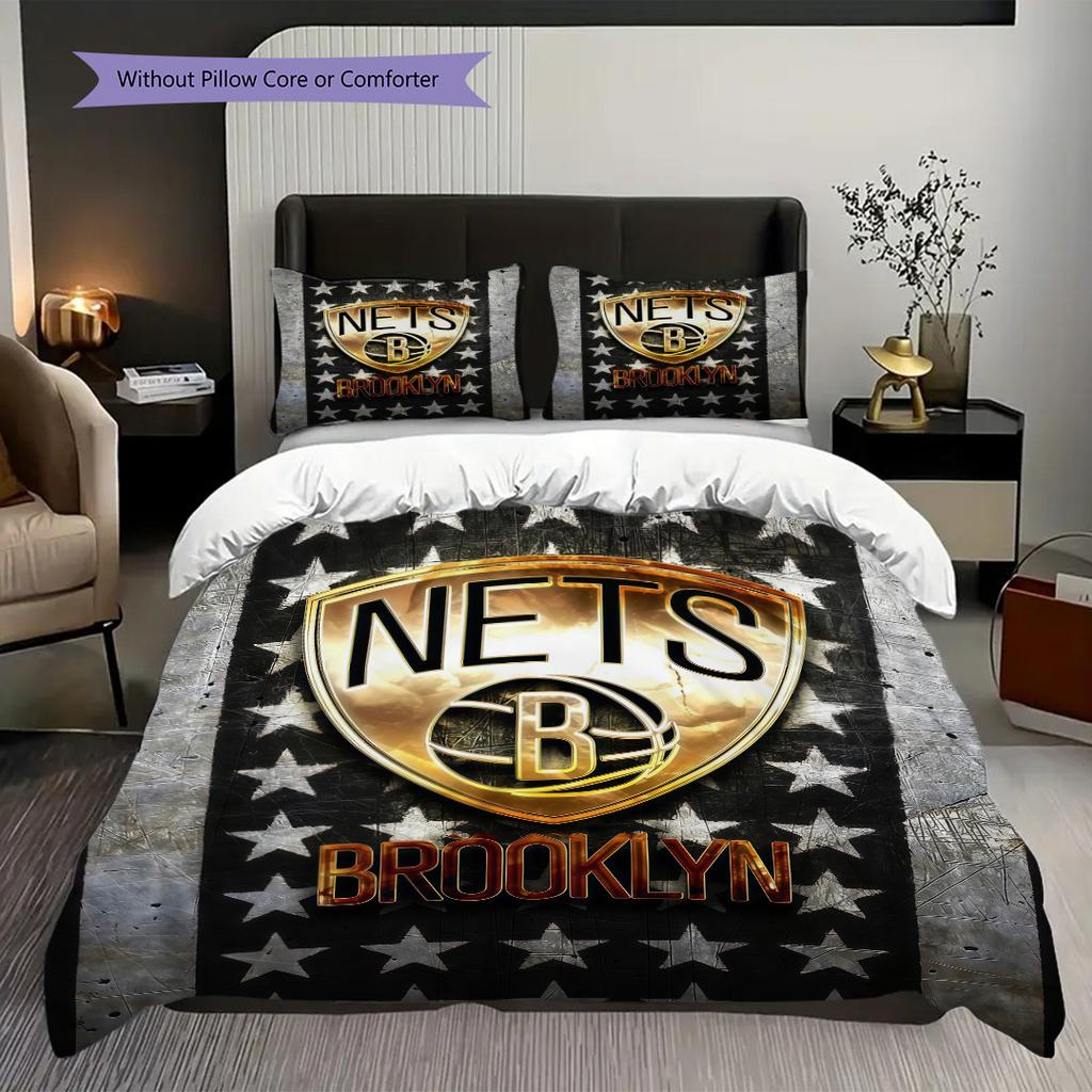Brooklyn Nets Stars Stripes Basketball Spirit Bettwäsche(1 Bettbezug + 2 Kissenbezüge, ohne Füllung)Weihnachts-Geburtstagsgeschenk Weich und bequem