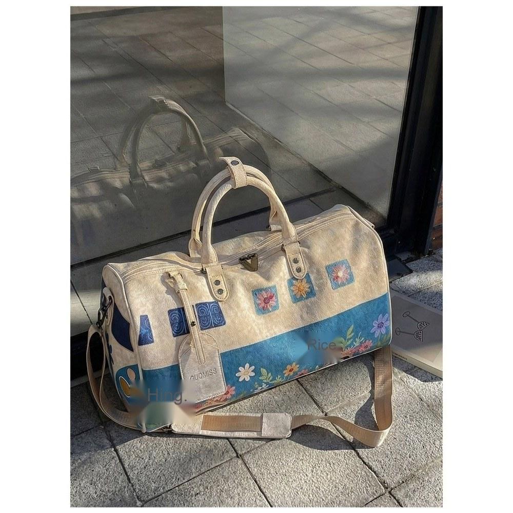 Women Floral Print Large Capacity Faux leather Travel Bag with Detachable Crossbody Strap for Travel