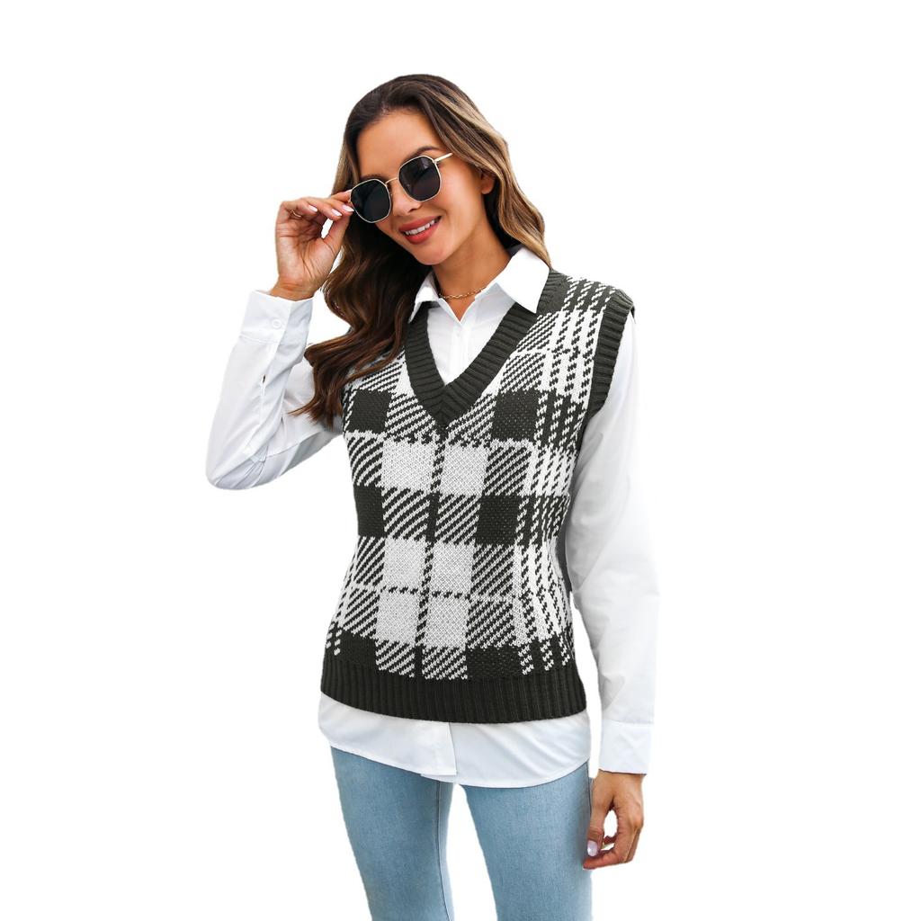 QICED Női divat alkalmi kockás mintás őszi téli ujjatlan V-nyakú kötött mellények