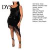 Slim-fit Party Outfit Women Evening Dress Slant Tassel Hem Sequin One Sloping Shoulder Sleeveless Bodycon Wedding Cocktail Clubwear Midi Attire