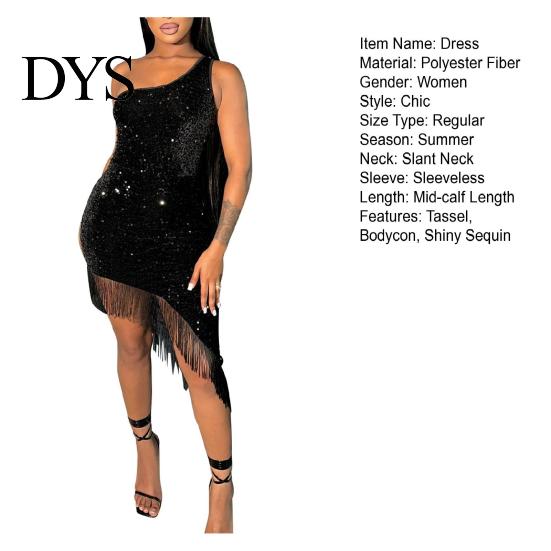 Slim-fit Party Outfit Women Evening Dress Slant Tassel Hem Sequin One Sloping Shoulder Sleeveless Bodycon Wedding Cocktail Clubwear Midi Attire