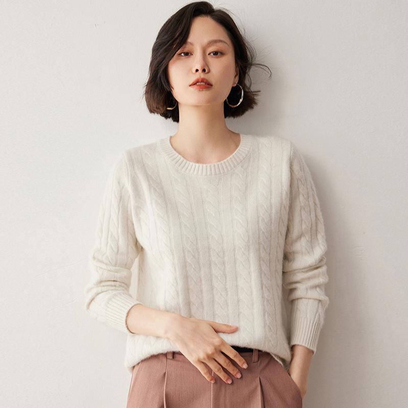 Women's 2024 Cashmere Cable Knit Crew Neck Sweater, Versatile Twisted Base Layer for Autumn/Winter