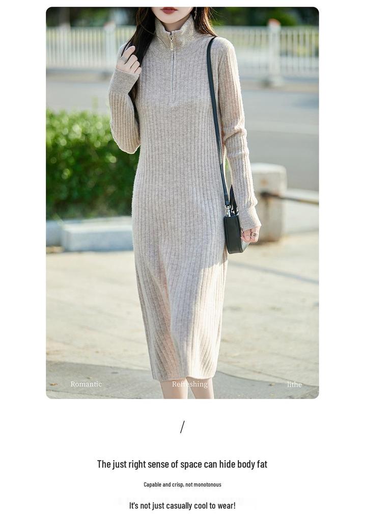 Women's Pure Wool Knit Maxi Dress - Long Sleeve, Half-Zip, Loose Fit, Solid Color, Autumn/Winter Fashion.
