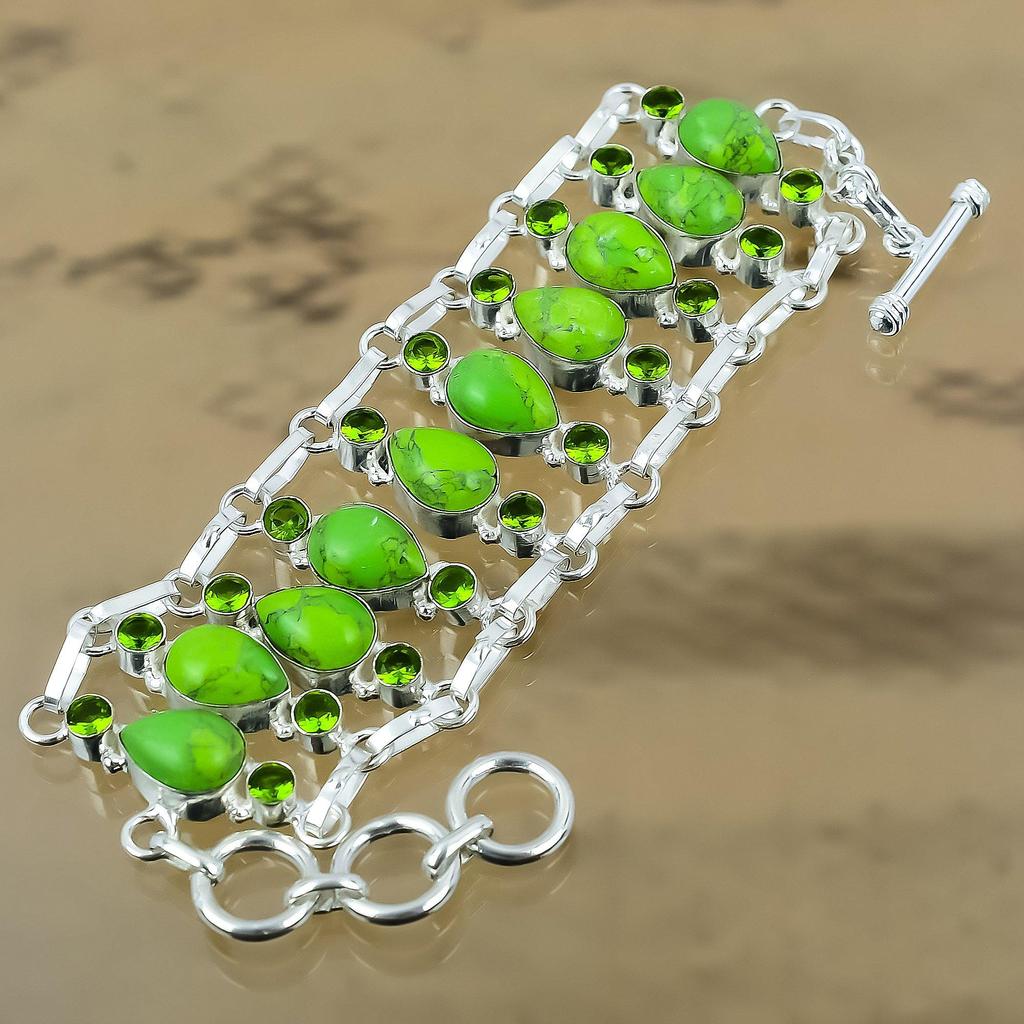 Gift For Her 925 Silver Natural Green Turquoise Chain Adjustable Bracelet