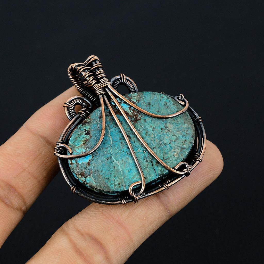 Tibetan Turquoise Pendant, 999 Copper Wire Wrapped Gemstone Jewelry, Handmade Pendant, For Thanksgiving