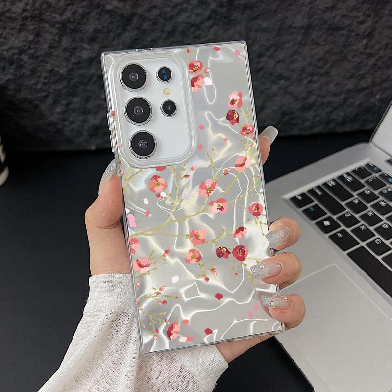 Red Floral Pattern Feather Sparkling Hard PC Slim Phone Case For Samsung S25 Ultra S24 FE S23 A36 A56 A16 A55 Glitter Shockproof TPU Soft Edge Cover