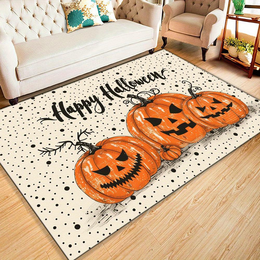 Halloween Pumpkin Area Rug, Large Polyester Crystal Velvet Carpet, Non-Slip All Saints' Day Themed Floor Mat, Comforta