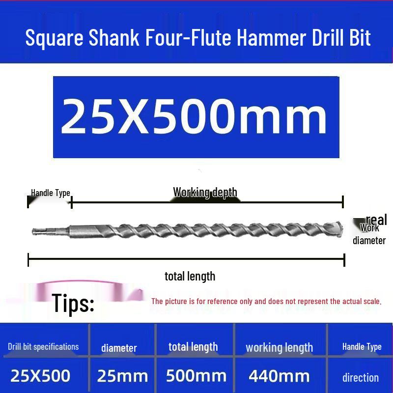 Extended Electric Hammer Drill Bit, Square & Round Shank, for Concrete Piercing - Available in 500mm to 2m Lengths