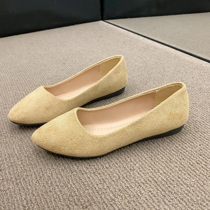 Suede single shoes women's flat bottom solid color pointed low heel lazy versatile pregnant women ladyshoes old Beijing cloth shoes large size women'