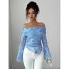 Spitze Langarm Tops für Damen Y2k Off-Shoulder Tops Sexy Durchsichtig Glockenärmel Ausgeh-Tops Mode Kleidung