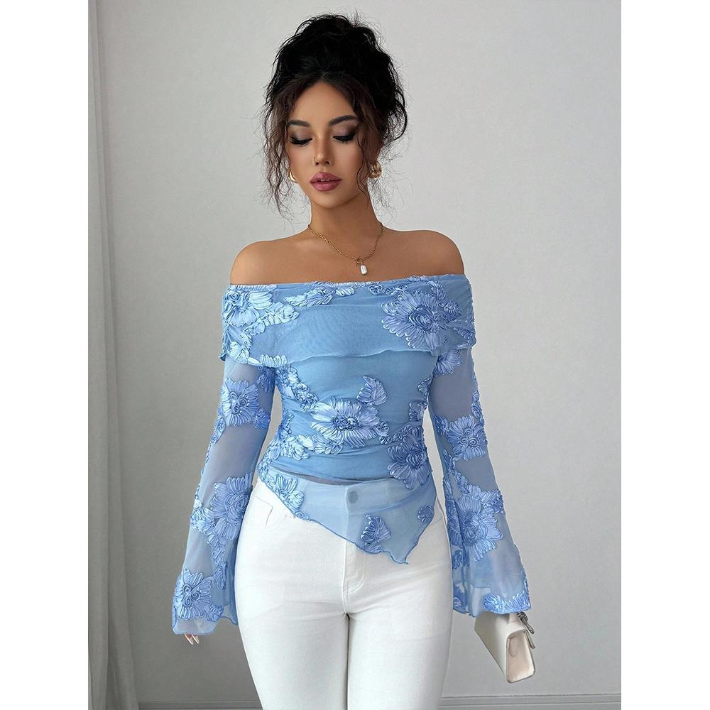 Spitze Langarm Tops für Damen Y2k Off-Shoulder Tops Sexy Durchsichtig Glockenärmel Ausgeh-Tops Mode Kleidung