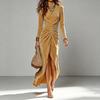 European and American Women's Clothing Light Luxury Korean Velvet Semi-turtleneck Long-sleeved Pleated Waist Split and Thin Dress Dress Women