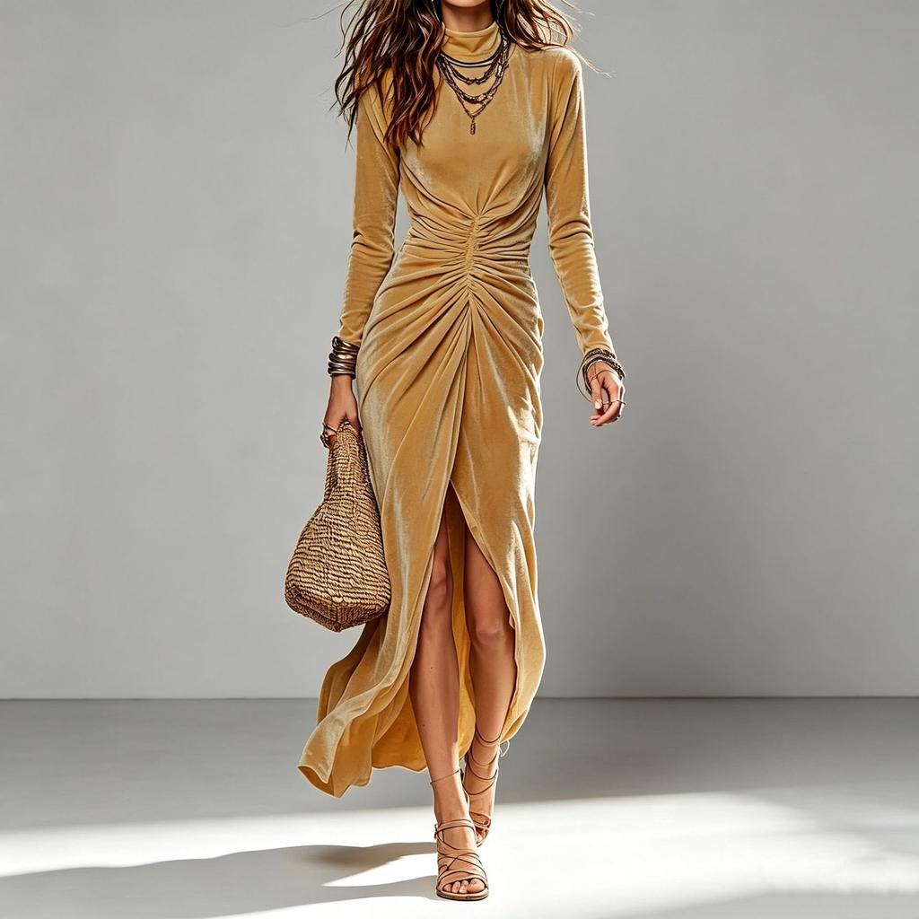 European and American women's clothing light luxury Korean velvet semi-turtleneck long-sleeved pleated waist split and thin dress dress women