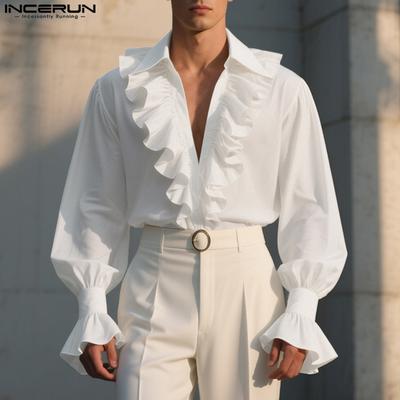 Oversized Elegant Men V Neck Long Sleeve Ruffled Casual Loose Shirts