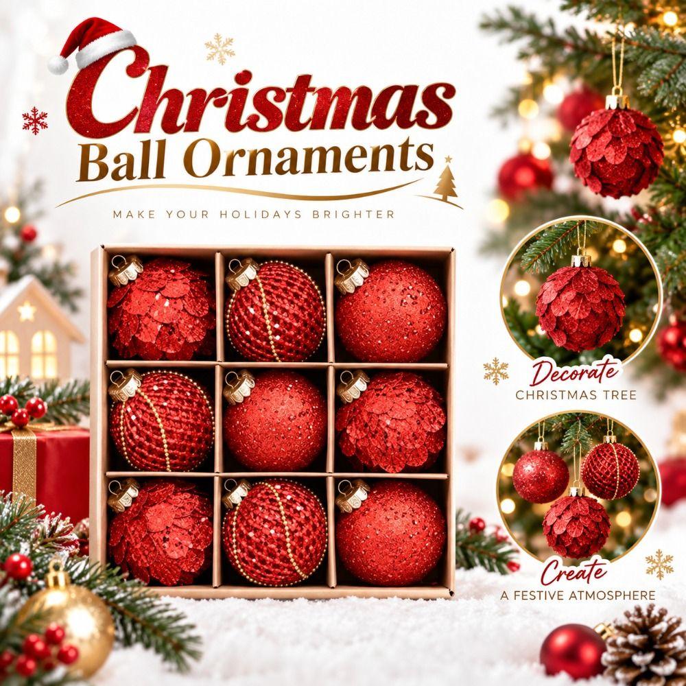 9PCS 8cm Christmas Ball Ornaments Foam Holiday Ball Ornaments New Christmas Ornament Set Home Decor
