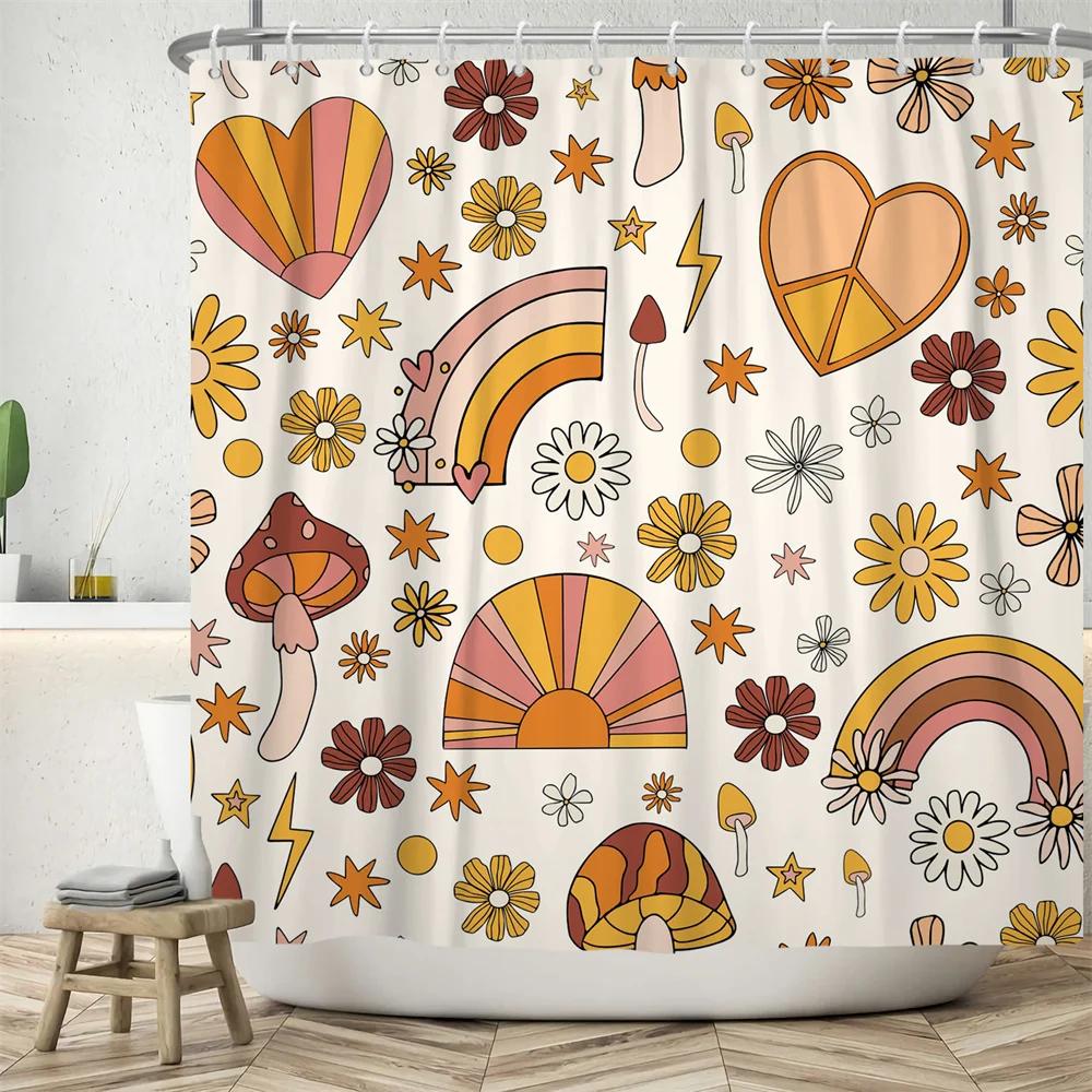 70's Colorful Flowers Shower Curtain Rainbow Mushroom Printing Bathroom Curtains Polyester Waterproof Bathtub Screen with Hooks