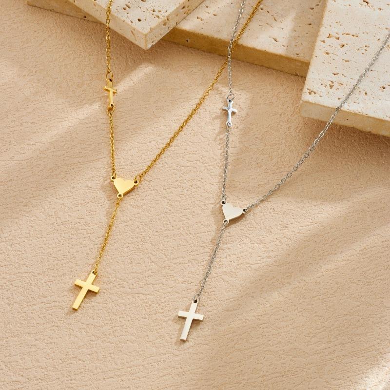 Gold Plated Stainless Steel Cross and Heart Lariat Necklace for Women