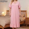 VEZFAA Moda Mujer Verano Primavera Color Sólido Estampado Manga Corta Cuello en V Holgada Casual Camisón