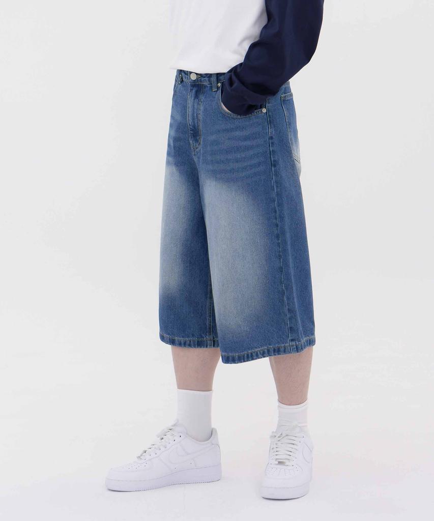 Akeusi Summer Bermuda Wide 3/4 Washed Denim Pants Unisex (Medium Blue)