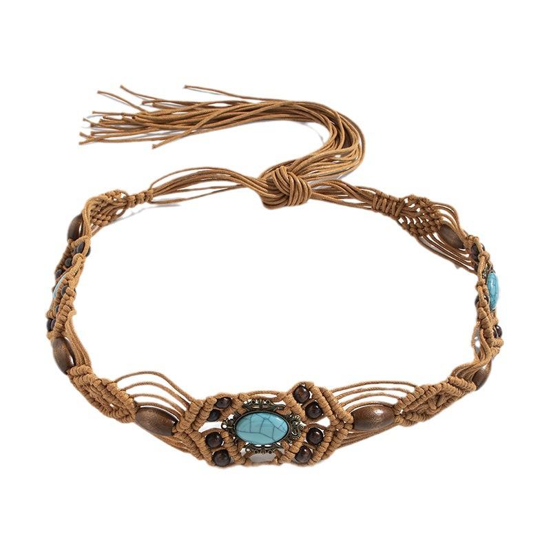 New Bohemian-style Alloy Cat's Eye Crown Bead Woven and Knotted Ethnic Style Handmade Vacation Women's Waist Rope