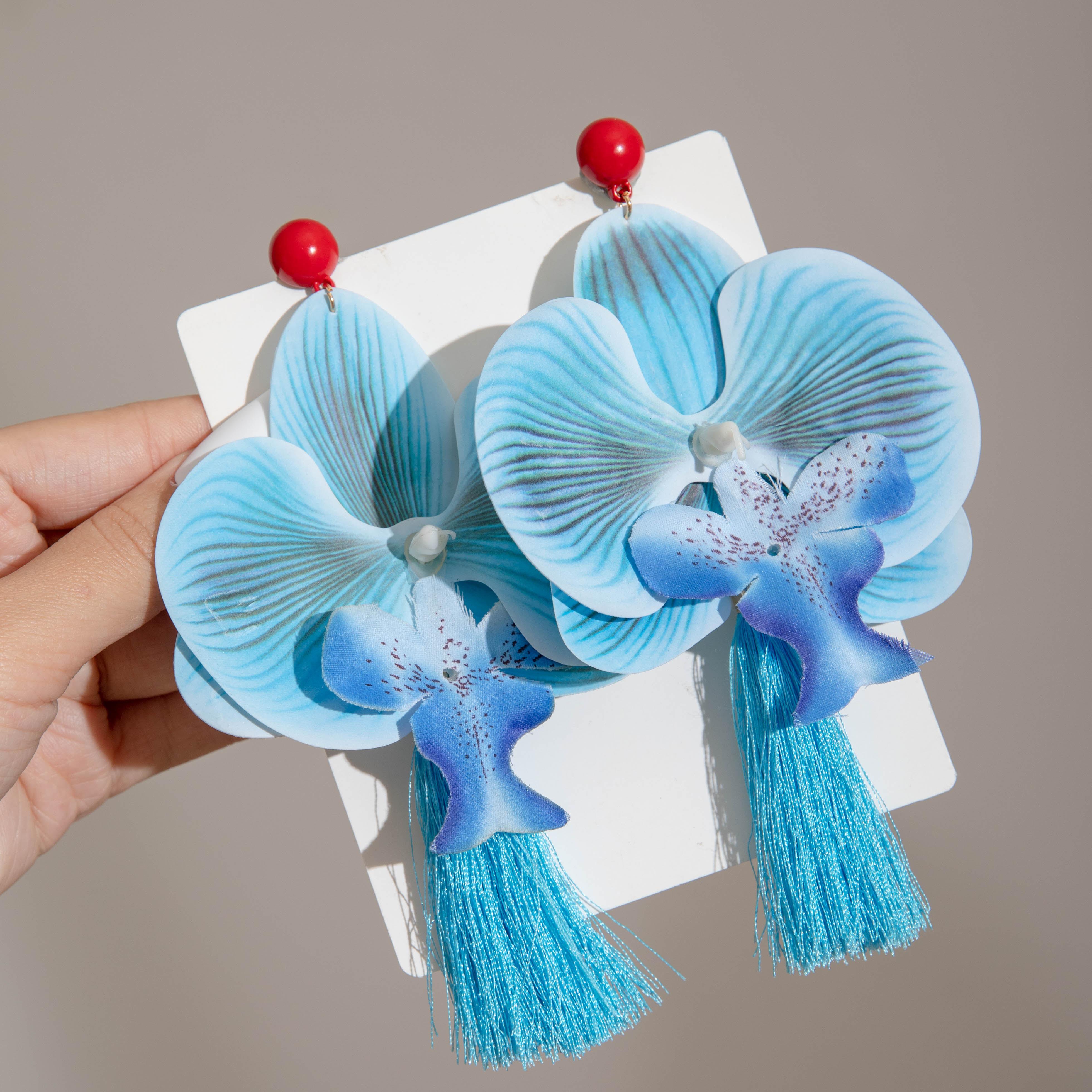 

Красочные серьги-кисточки с цветком орхидеи-бабочки для женщин, украшения для весенних и летних пикников, пляжного отдыха, преувеличенные серьги-подвески синий