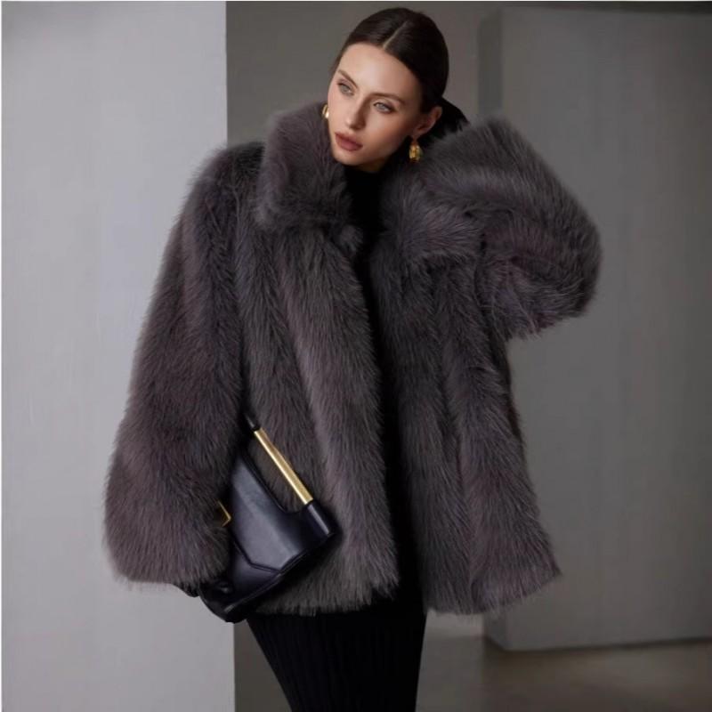 Womens Faux Fur Coat Streetwear Turn Down Collar Winter Outerwear Adults