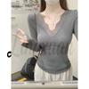 Brushed Slim-fit Women's Lace V-neck Long Sleeve Base Layer Top for Autumn/Winter