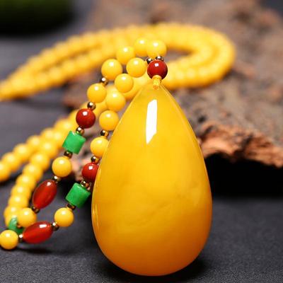 Unisex Baltic Amber Beeswax Pendant - Chicken-Fat Yellow Waterdrop Necklace
