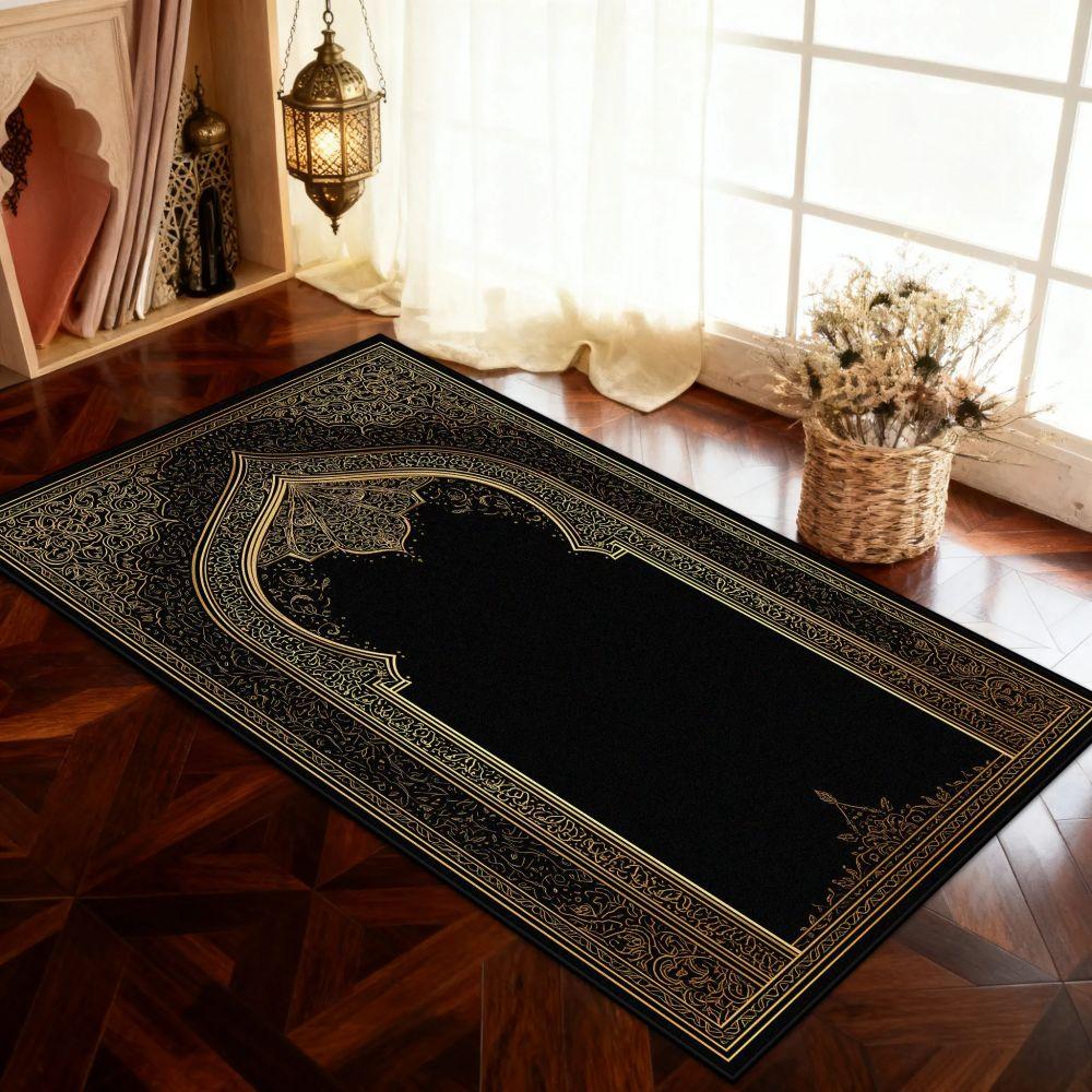Tapete de Oração Muçulmano Tapete Preto para Sala de Estar Tapete de Sofá Decoração de Casa Tapete de Cabeceira de Quarto Tapete para Salão Corredor Tapete de Chão Capacho Lavável
