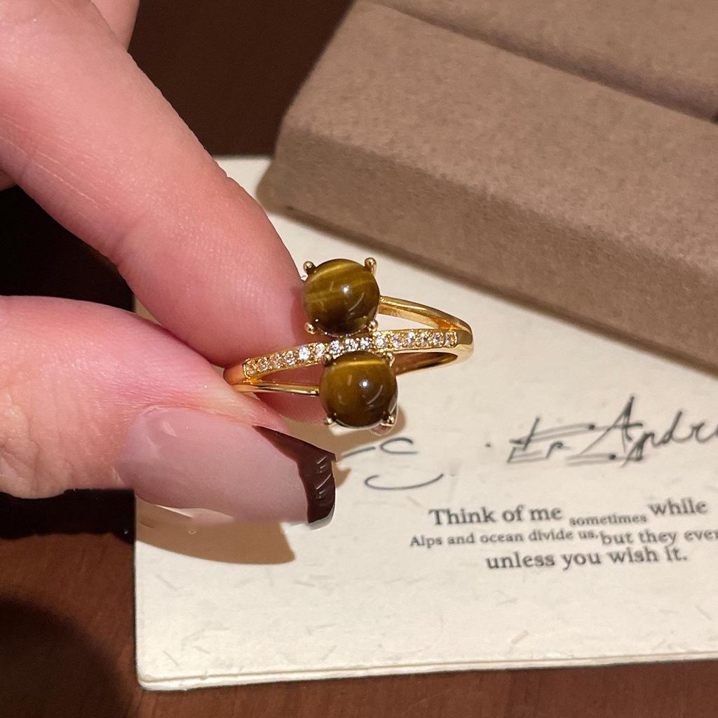 18k Gold Plated Tiger Eye Zircon Coffee Ring - High-End Niche Style Jewelry for Women