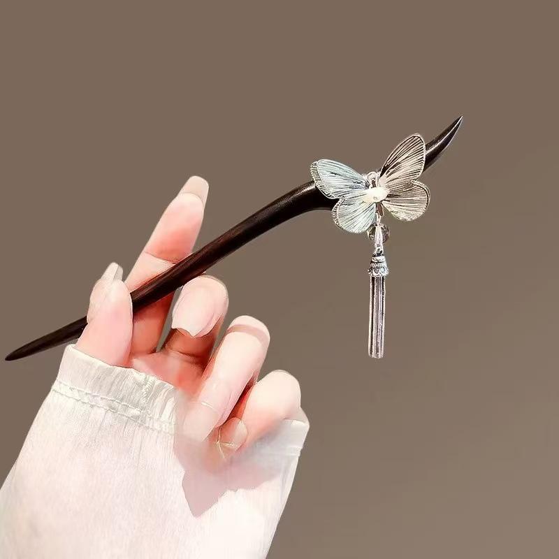 Elegant Silver Butterfly Tassel Hairpin - Modern Minimalist Design