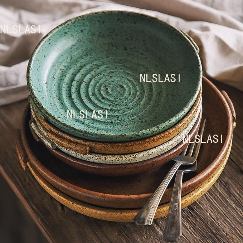 Double Ear Circular Dessert Plate Japanese Style Household Deep Plate Coarse Pottery Sushi Plate Household Tableware